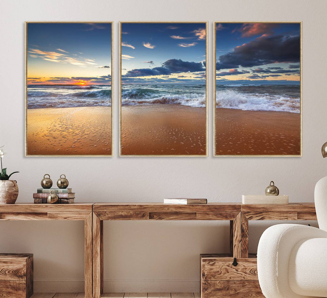 A Beach Canvas Wall Art depicting ocean waves and a tranquil sunset hangs above, capturing the serene beauty of coastal scenery.