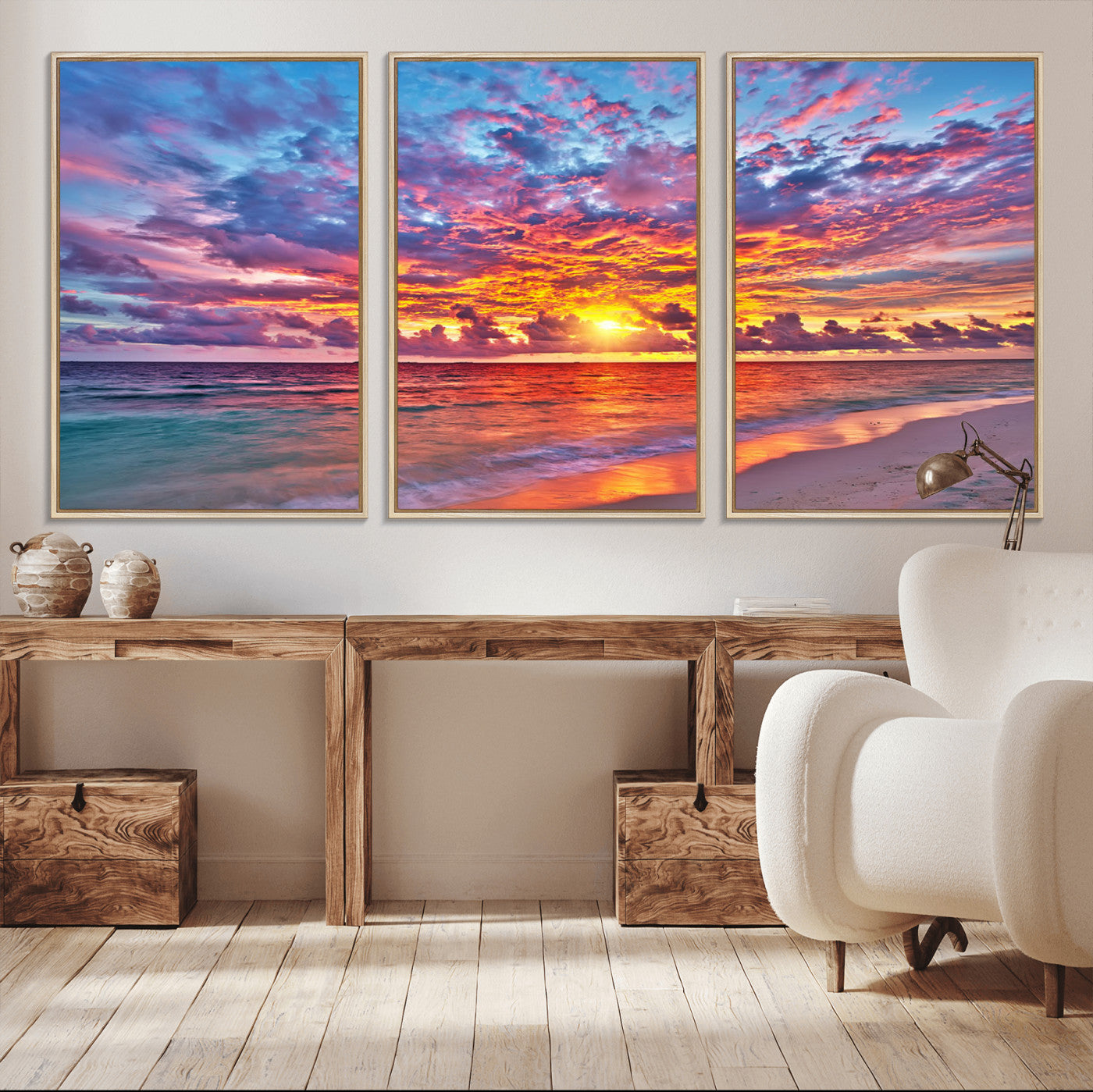 MGV-FC-60X30-3P - Vibrant Sunset Beach Wall Art - Ocean Sunset Canvas Print | Coastal Wall Art Decor Stunning Sunset