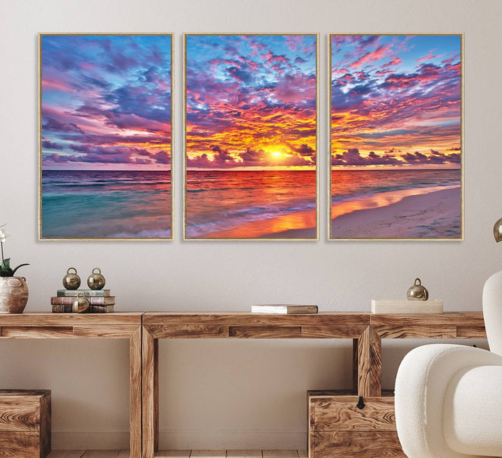 The Vibrant Sunset Beach Wall Art hangs prominently on the wall.