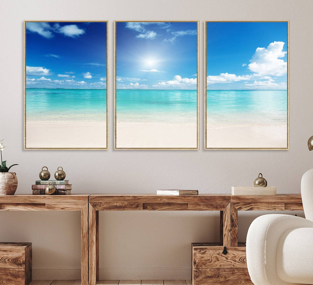 The Blue Ocean Wall Art Canvas Print hangs, creating a tranquil paradise.