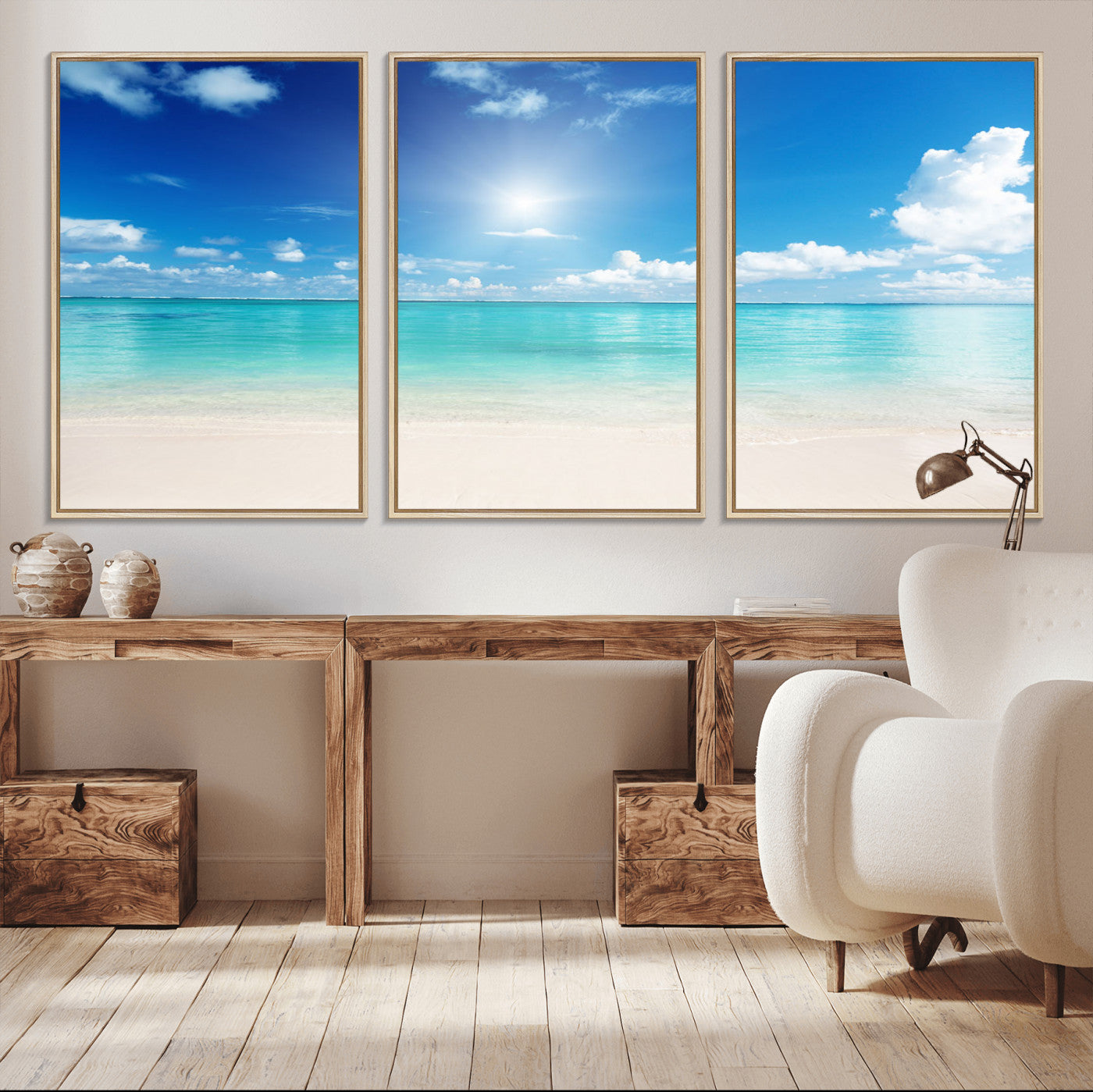 MGV-FC-60X30-3P - Blue Ocean Wall Art Canvas Print - Tranquil Ocean Paradise Triptych Wall Art - Ready to Hang Beach