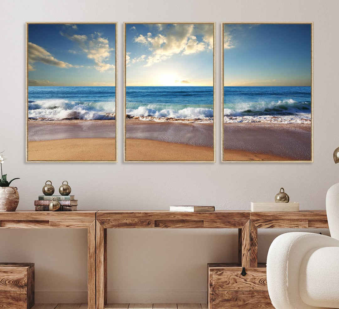 Serene Ocean Sunset Canvas Wall Art with beach waves at sunset.