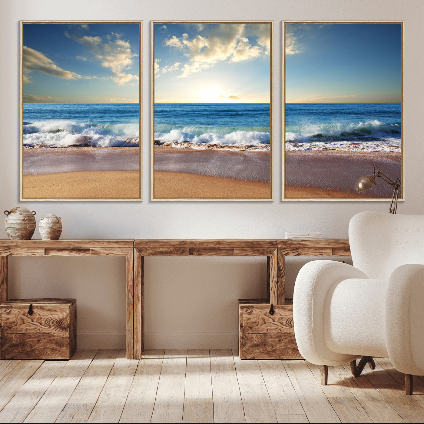 MGV-FC-60X30-3P - Serene Ocean Sunset Canvas Wall Art - Beach Waves at Sunset, Ready to Hang