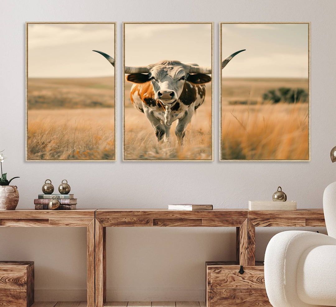 The Texas Cow Longhorn Wall Art Canvas adds rustic charm to the decor.