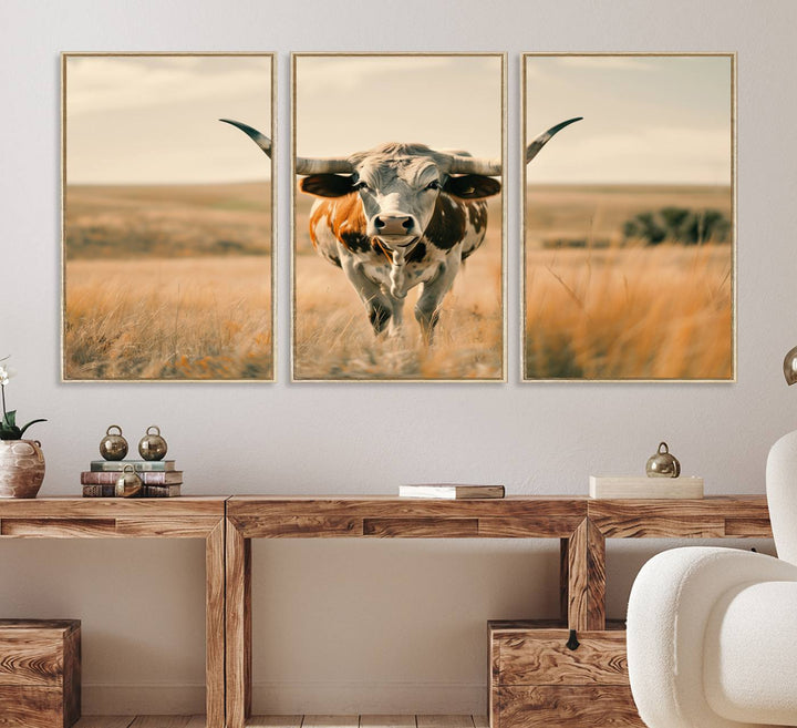 The Texas Cow Longhorn Wall Art Canvas adds rustic charm to the decor.