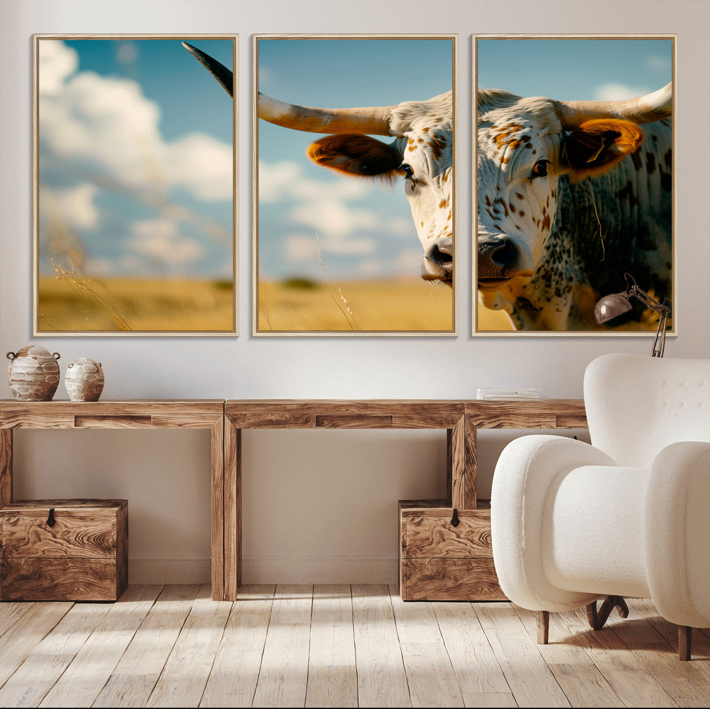 MGV-FC-60X30-3P - Longhorn in the Prairie - Stunning Ranch-Style Triptych Wall Art for Western Home Decor, Cowboy Wall