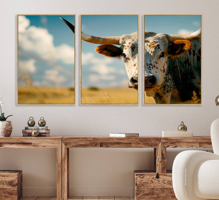 The Longhorn in the Prairie triptych cowboy wall art is ideal for western decor.