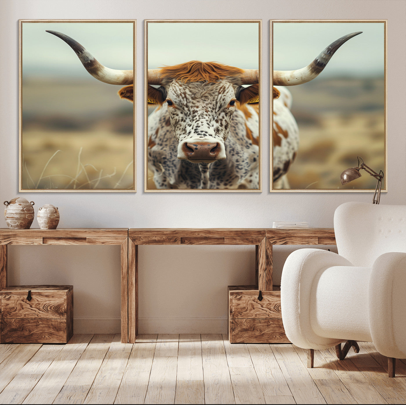 91312-MGV-FC-60X30-3P_Natural-Texas Cow Longhorn Wall Art Canvas Print for Farm House Wall Decor, Farmhouse Wall Art Print