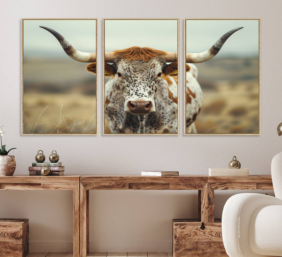 The Texas Cow Longhorn Canvas Print hangs, adding Western elegance.