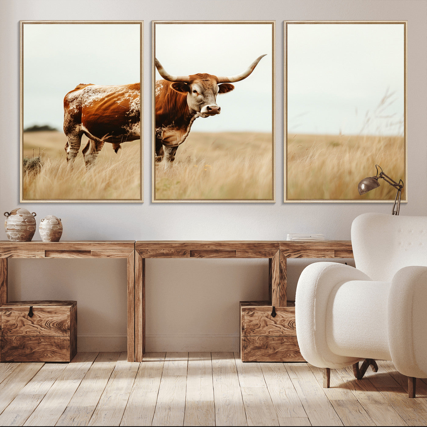 MGV-FC-60X30-3P - Texas Longhorn Canvas Wall Art Print – Majestic Western Cattle in Rustic Farmhouse Decor – Cow Wall