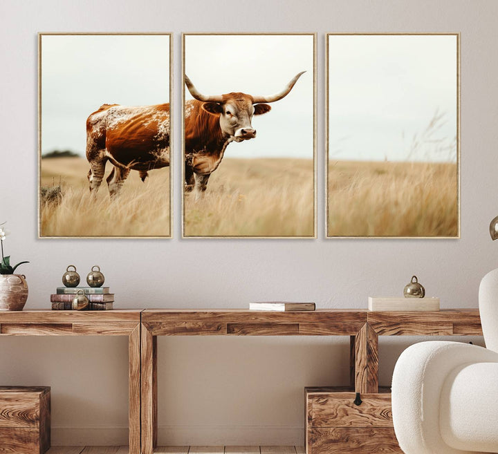 The Texas Longhorn canvas wall art print enhances a rustic farmhouse decor setting.