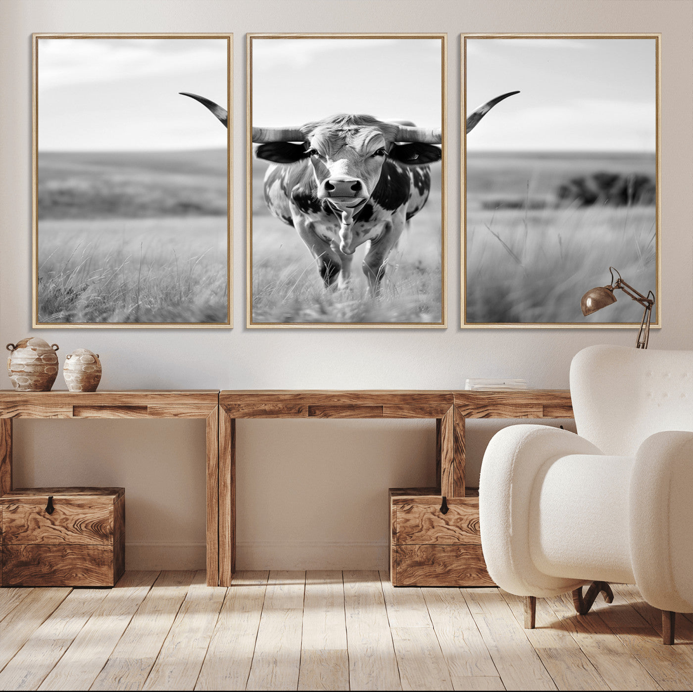 MGV-FC-60X30-3P - Texas Cow Longhorn Wall Art Canvas Print for Farm House Wall Decor, Farmhouse Wall Art Print