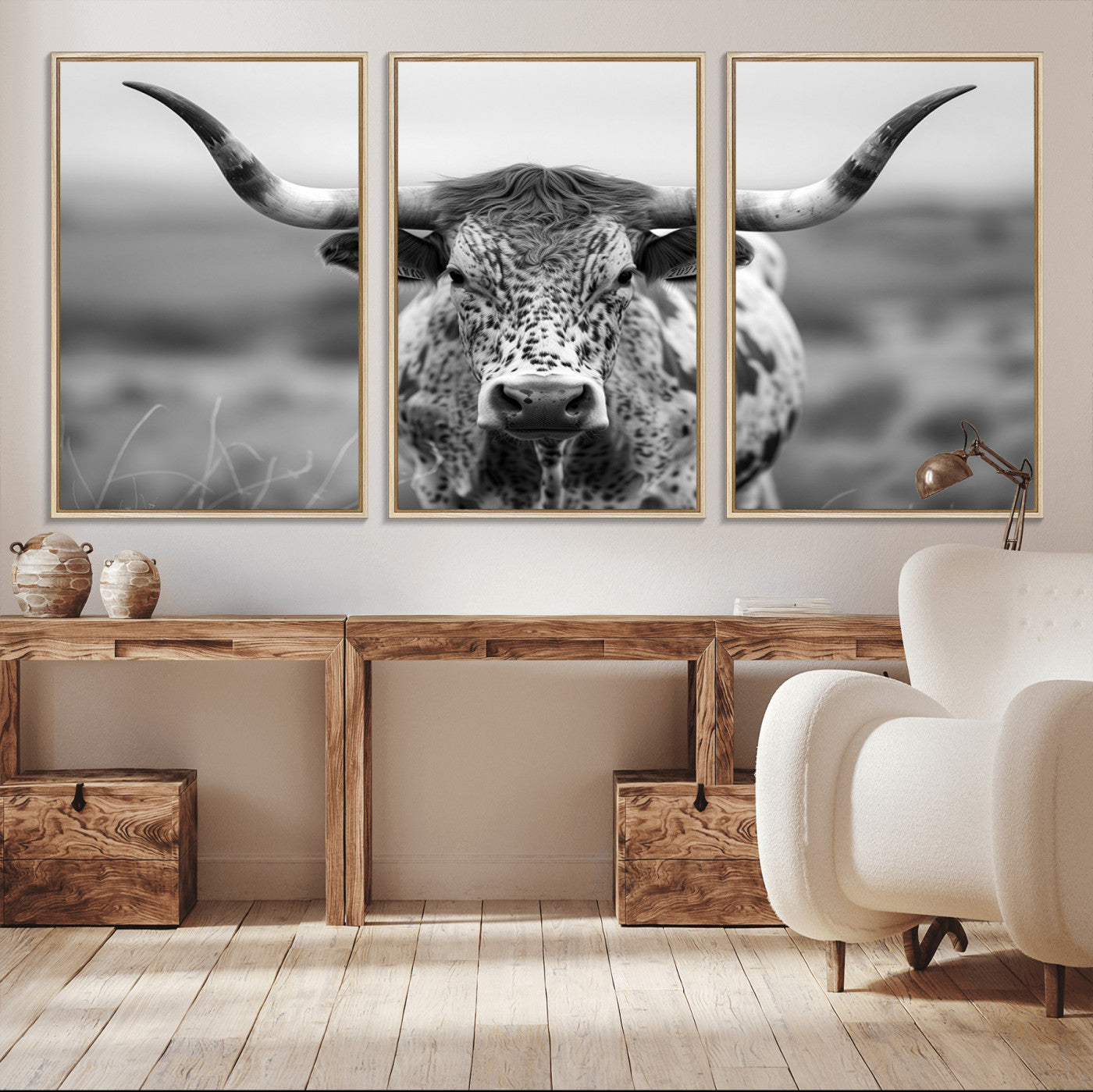 MGV-FC-60X30-3P - Texas Cow Longhorn Wall Art Canvas Print for Farm House Wall Decor, Farmhouse Wall Art Print
