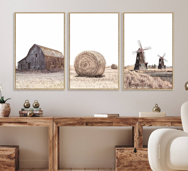 A set of 3 rustic Farm Prints, featuring barns and wheat, decorates a farmhouse wall.