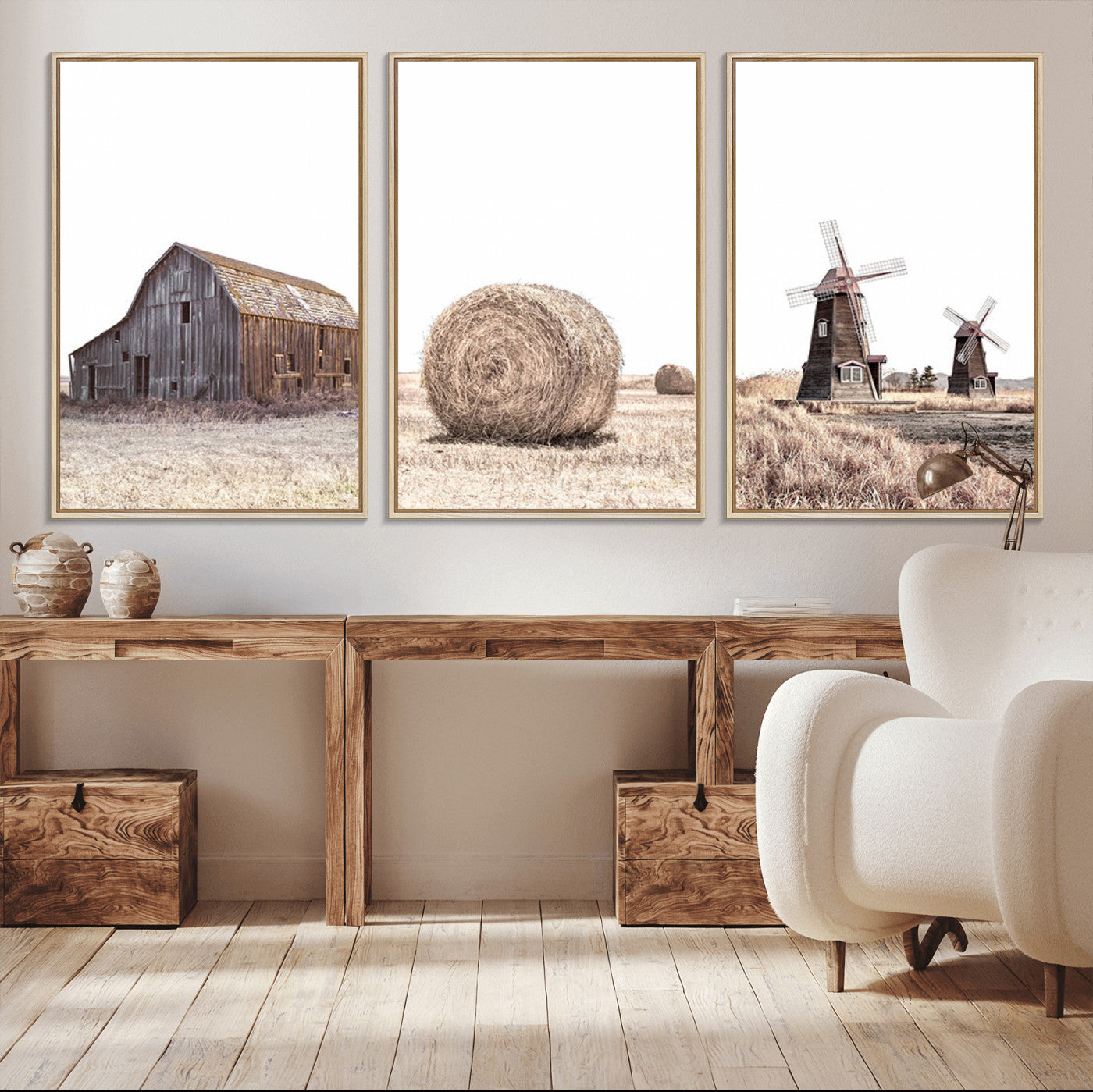 MGV-FC-60X30-3P - Farm Prints Set, Set of 3 Farmhouse Wall Art, Country House Decor, Barn Print, Wheat Print,