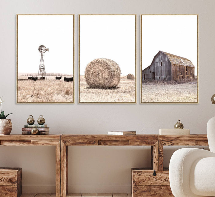 Above the couch, a Rustic Farmhouse Wall Art set depicts a barn and wheat field.