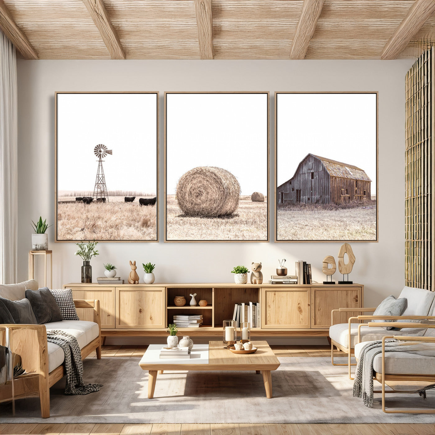 30918-MGV-CV-60X30-3P - Rustic Farmhouse Wall Art Set of 3 – Country Barn and Wheat Field | Farm Prints for Country Home and