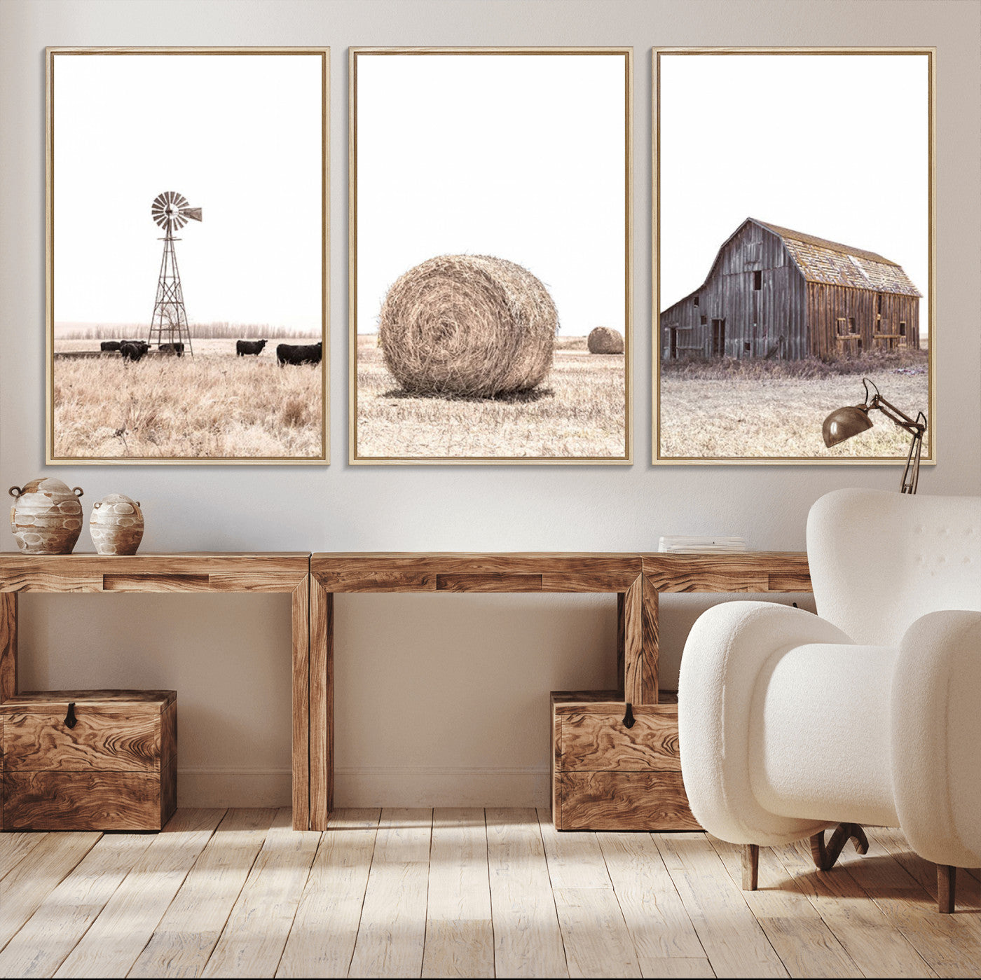 MGV-FC-60X30-3P - Rustic Farmhouse Wall Art Set of 3 – Country Barn and Wheat Field | Farm Prints for Country Home and