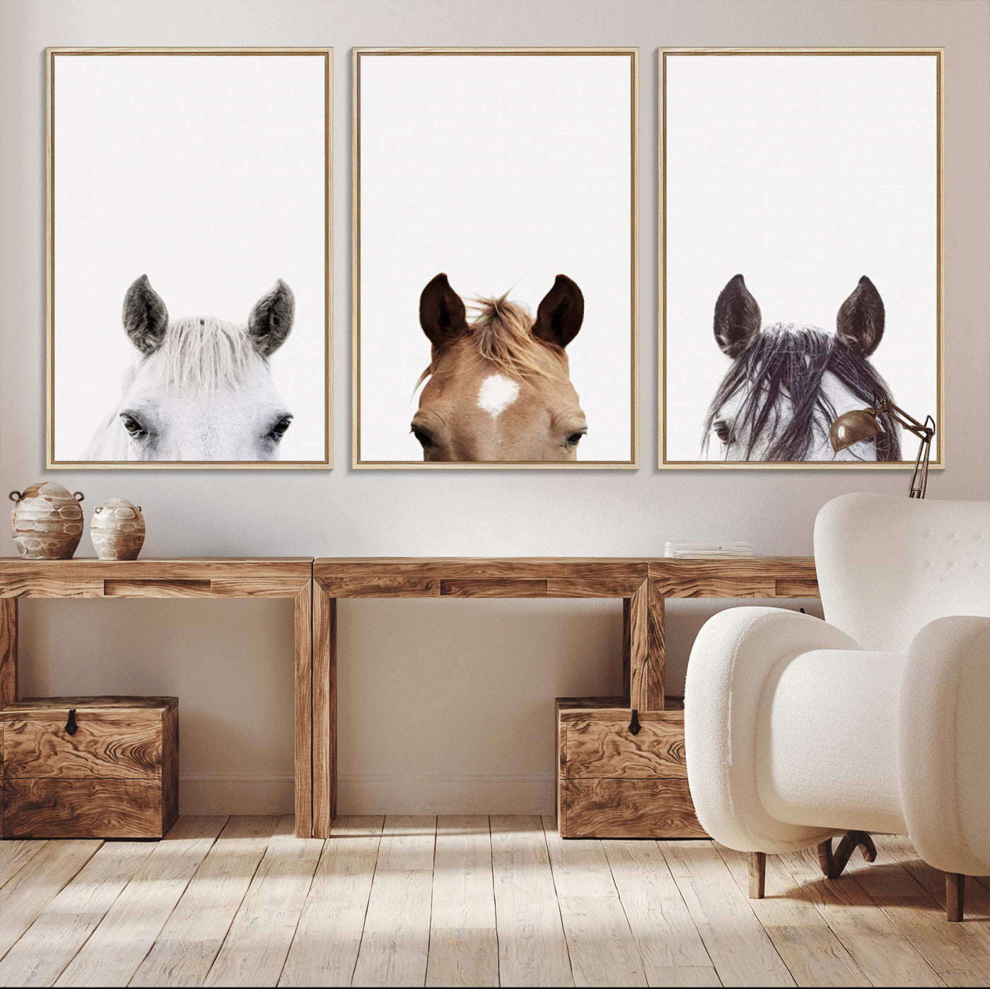 59160-MGV-CV-60X30-3P-Horse Prints Set, Set of 3 Horse Wall Art, Horses Portraits, Farmhouse Wall Art, Farm Animals Canvas, Animals Portraits Set, Horse Poster