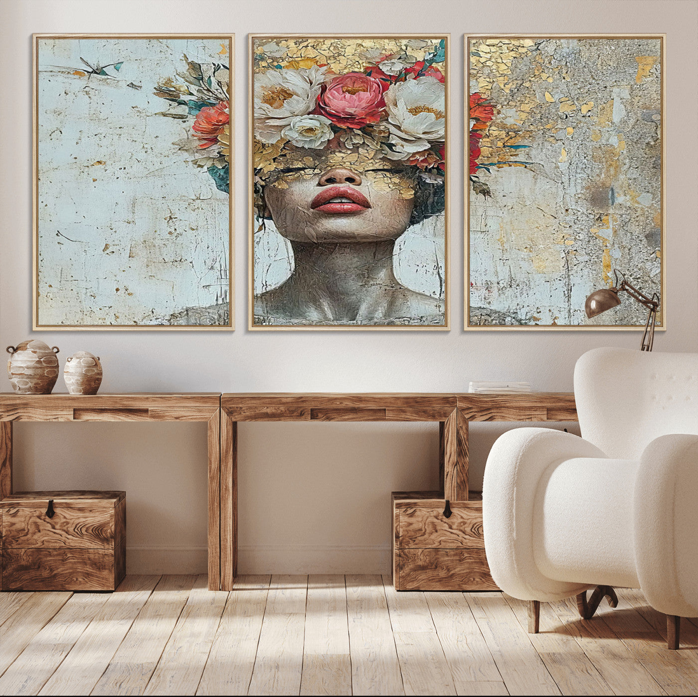 26919-MGV-CV-36X24-Golden Petal Wall Art Canvas Print - Silhouette Woman Wall Art Canvas Print, Floral Woman Portrait