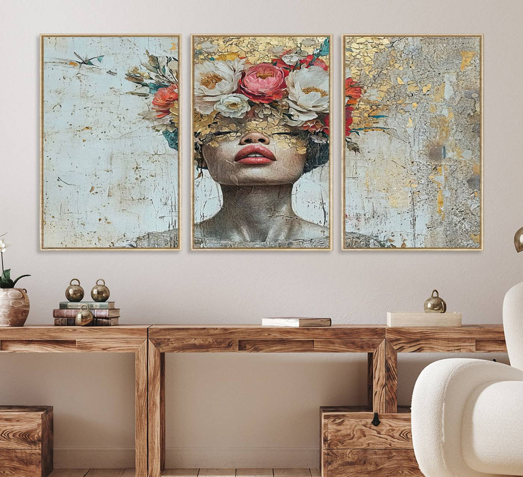 Golden Petal Canvas Print of a silhouette woman with a floral head creates a captivating focal point in the space.