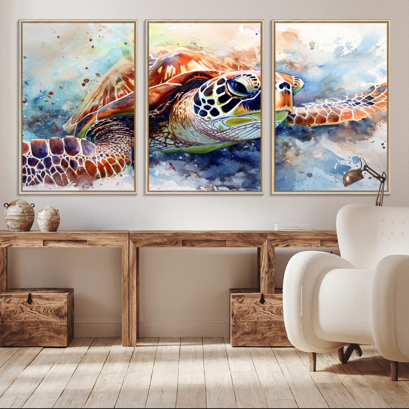 MGV-FC-60X30-3P - Watercolor Sea Turtle Wall Art Canvas Print - Vibrant Ocean Colors in Watercolor Style - Ready to