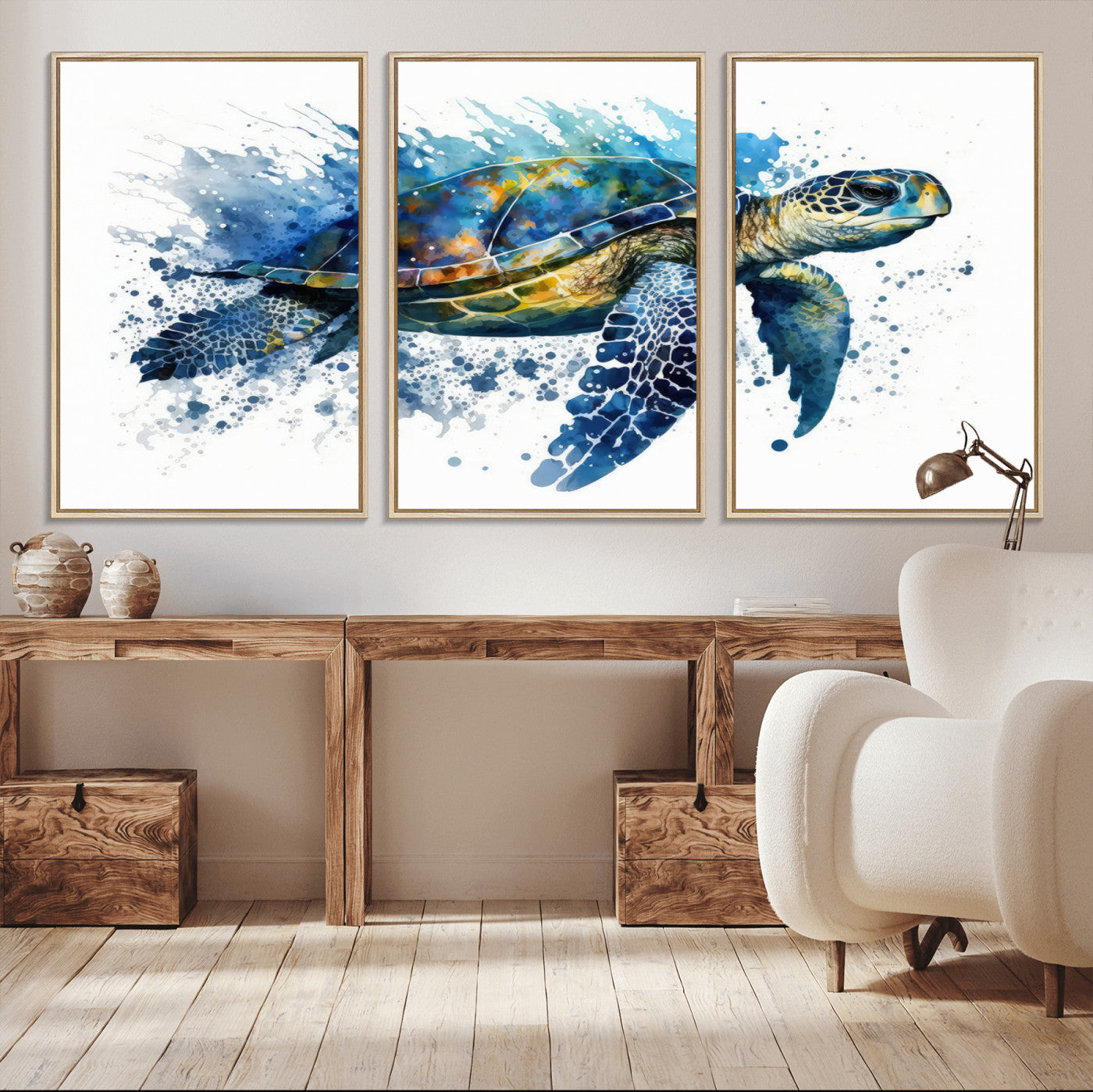 MGV-FC-60X30-3P - Turtle Wall Art Canvas Print, Framed Watercolor Turtle Art Picture Print, Ocean Life Perfect Nautical Decor Artwork