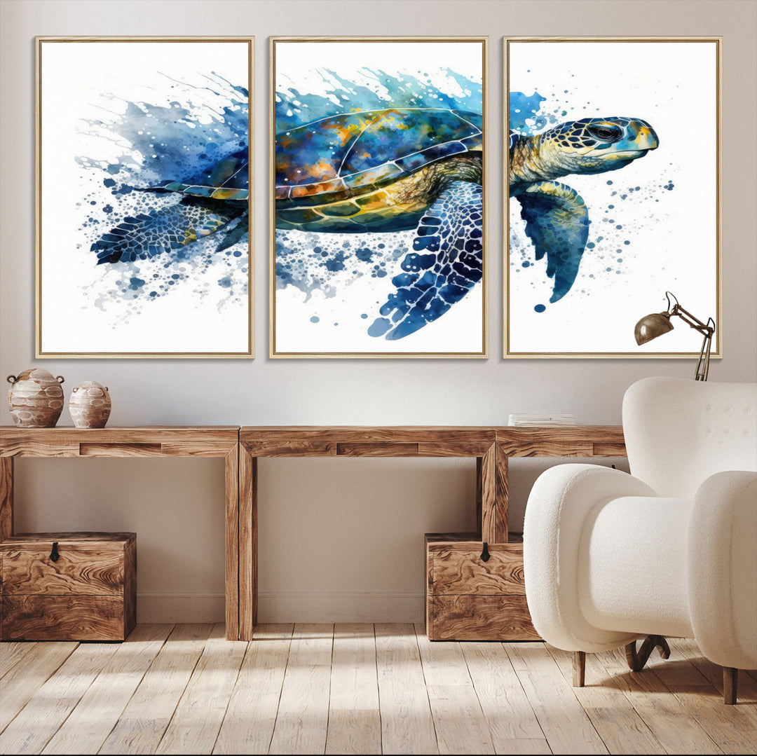 The Turtle Wall Art Print, featuring blue splashes, beautifully showcases Ocean Life.