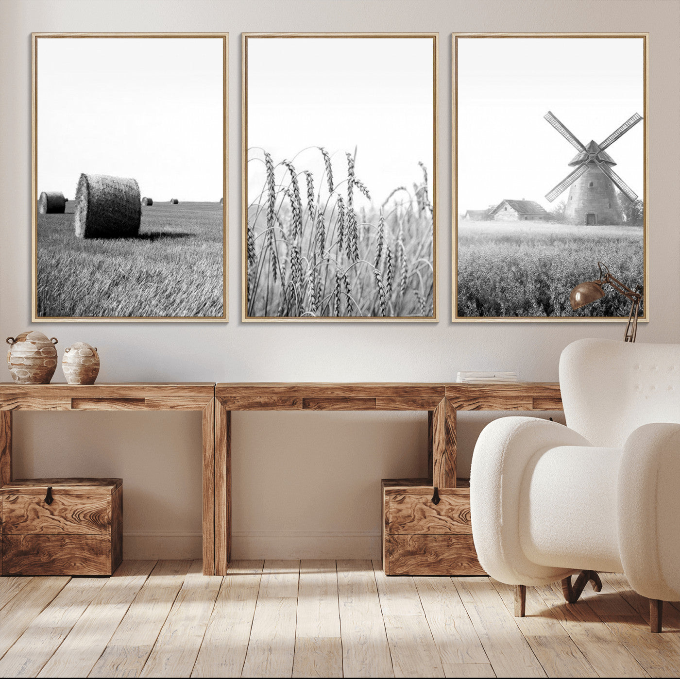 MGV-FC-60X30-3P - Vintage Farmhouse Black and White Triptych Wall Art – Giclee Canvas Featuring Wheat Fields, Hay