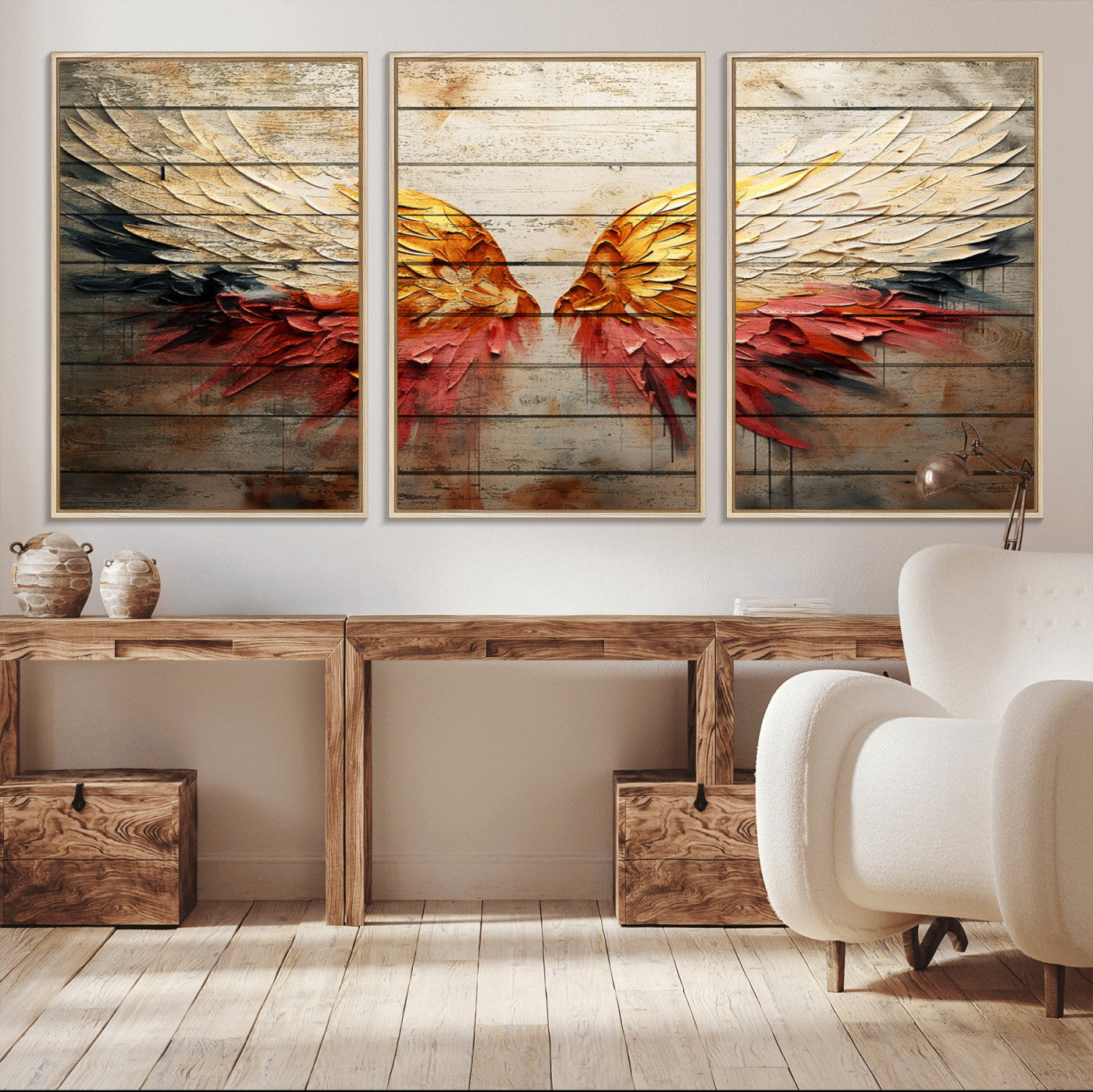 MGV-FC-60X30-3P - Abstract Angel Wings Canvas Wall Art – Framed and Ready to Hang Modern Angelic Wings Decor for