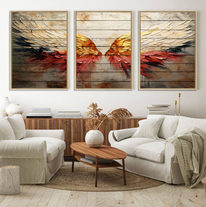 Abstract Angel Wings Canvas Art on a wooden backdrop.