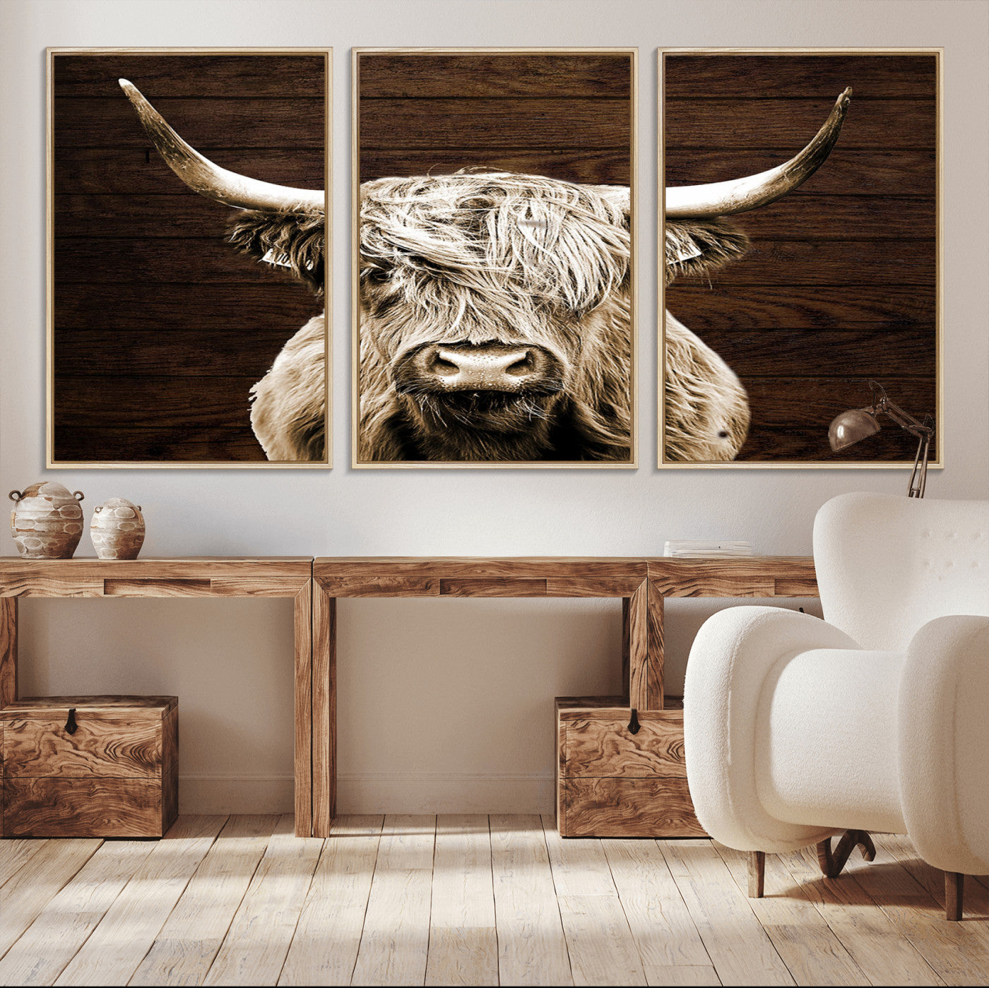 MGV-FC-60X30-3P - Highland Cow Wall Art Canvas Print, Rustic Farmhouse Decor, Majestic Scottish Highland Bull Portrait