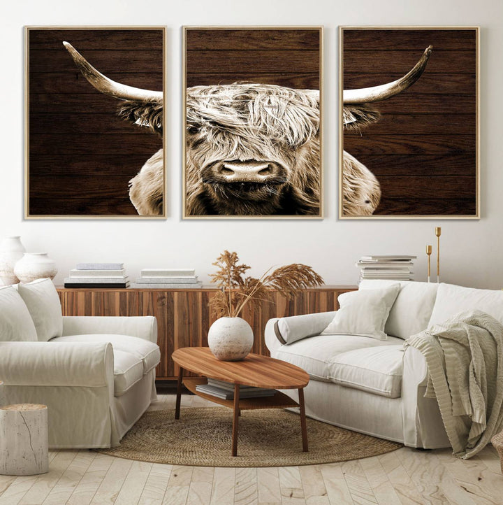 Highland Cow Wall Art Canvas Print: Majestic Scottish bull on rustic decor, ready to hang.