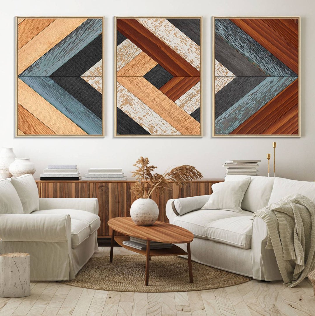 A Geometric Wood Art Wall Decor with a rustic pattern hangs prominently.