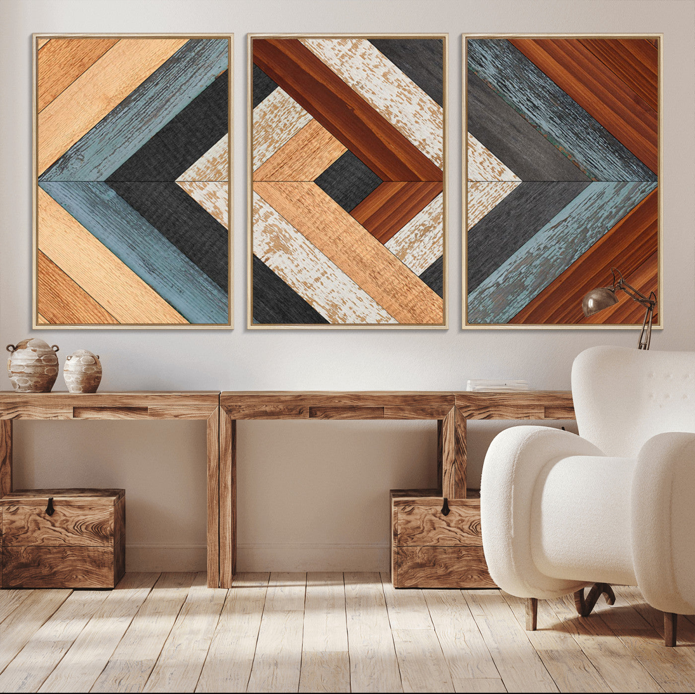 MGV-FC-60X30-3P - Geometric Wood Art Wall Decor Canvas Print, Rustic Wooden Pattern Triptych Wall Art for Living Room
