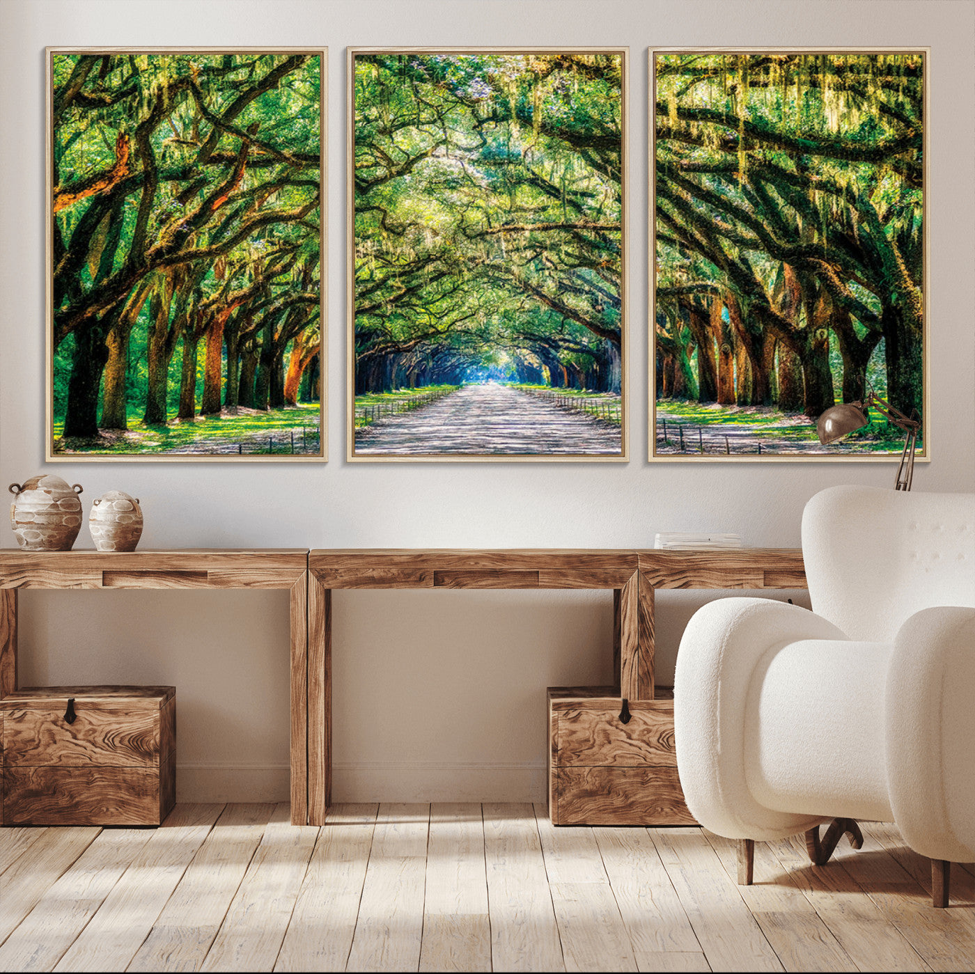 77105-MGV-FC-60X30-3P_Natural-Serene Tree Tunnel Wall Art Canvas Print – Pathway Under Canopy of Lush Green Trees, Nature-Inspired