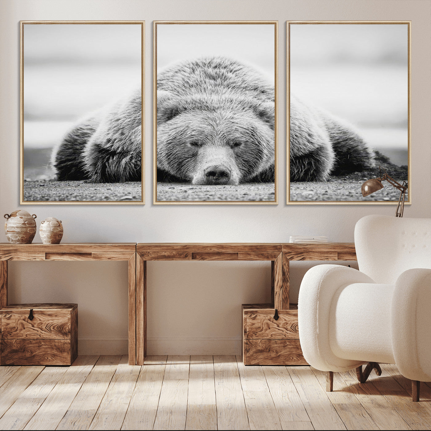 MGV-FC-60X30-3P - Resting Grizzly Bear Wall Art Canvas Print – Majestic Lazy Black and White Wildlife Bear Art,