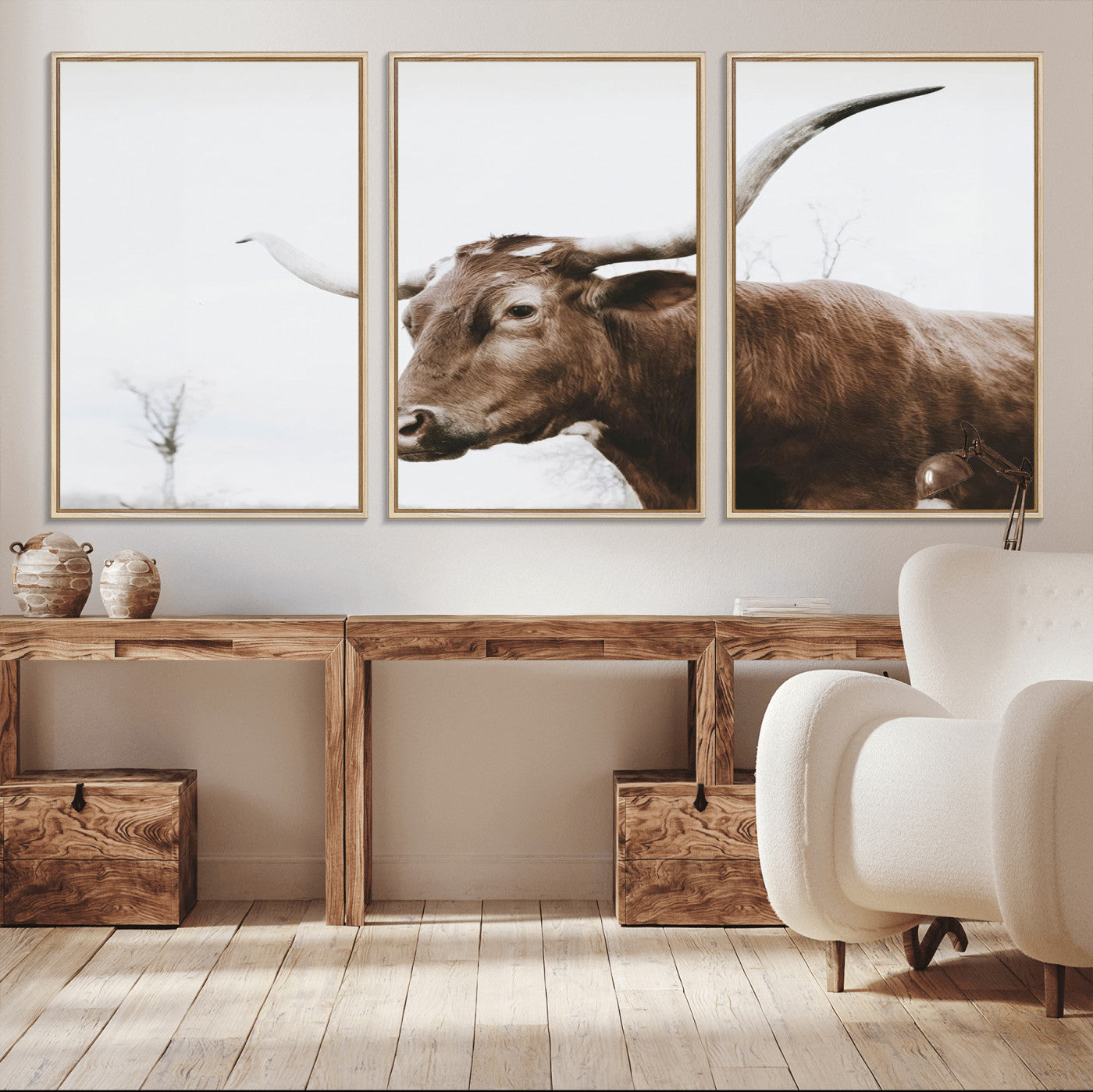 MGV-FC-60X30-3P - Rustic Bull Wall Art Canvas Print – Modern Longhorn Farmhouse Animal Decor – Abstract Farm Cow