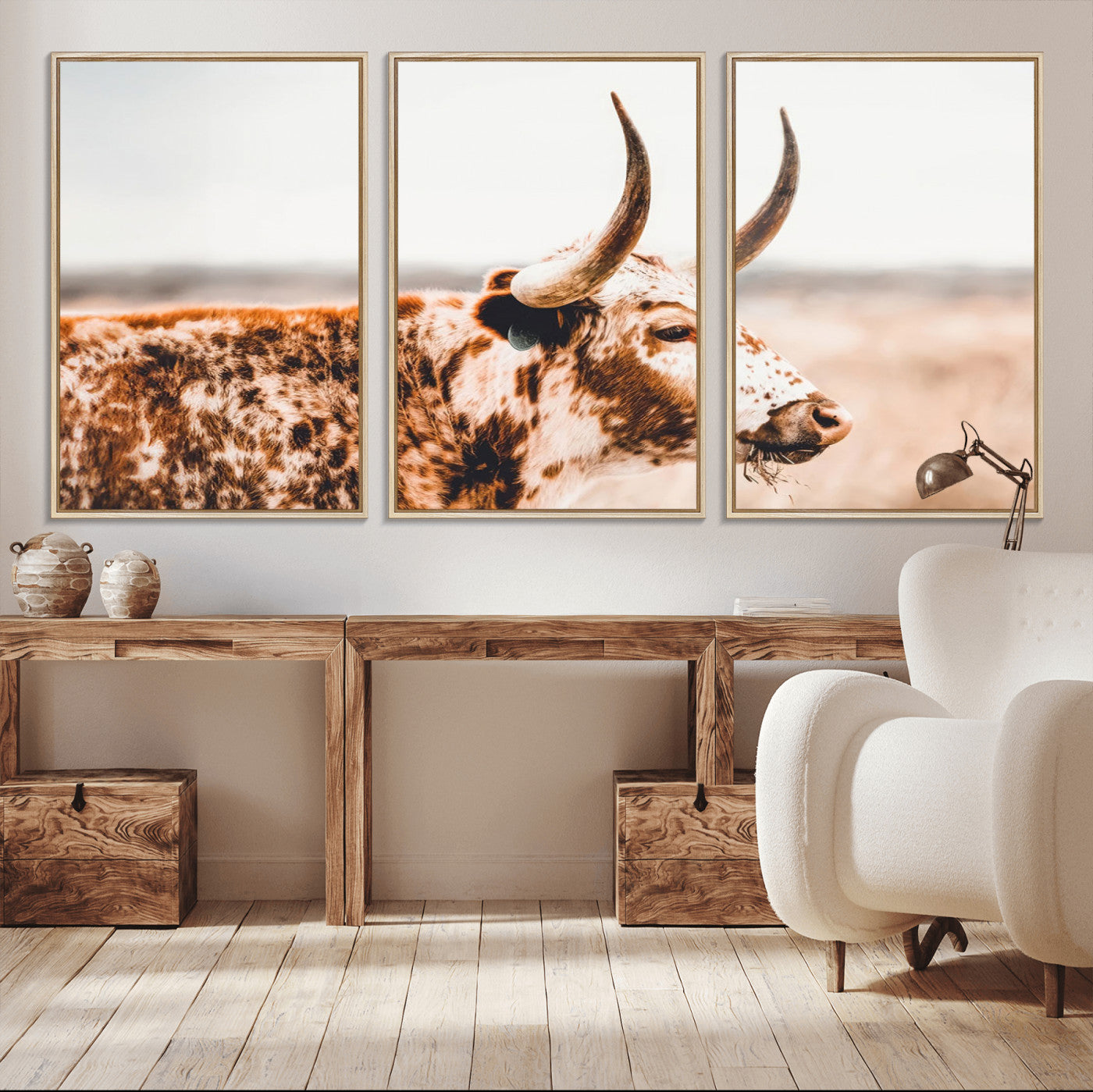 50356-MGV-FC-60X30-3P_Natural-Speckled Bull Wall Art Canvas Print – Rustic Cow Longhorn Farmhouse Animal Decor – Western Longhorn