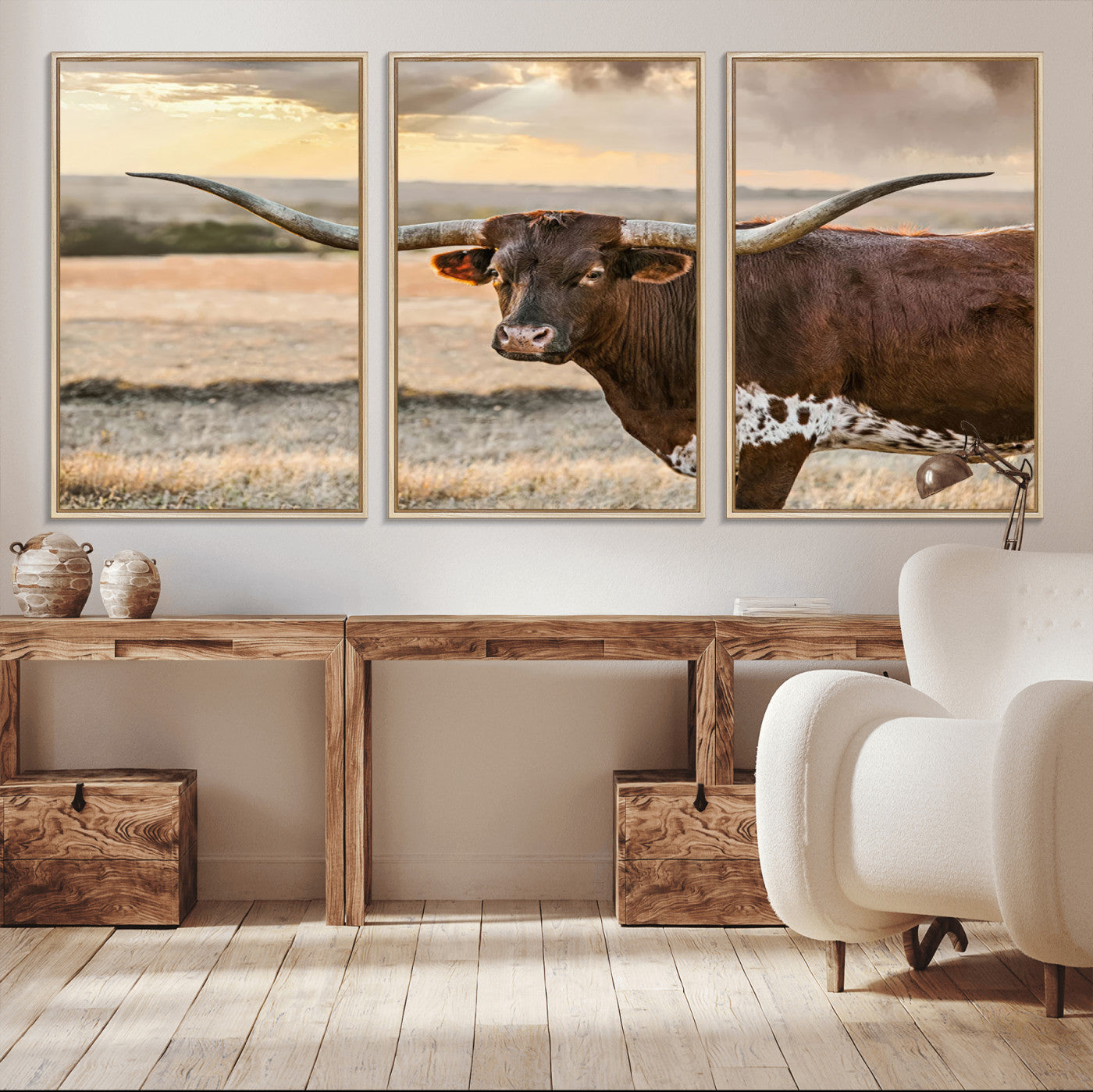 MGV-FC-60X30-3P - Texas Longhorn Wall Art Canvas Print, Rustic Ranch Decor, Majestic Western Longhorn Cattle