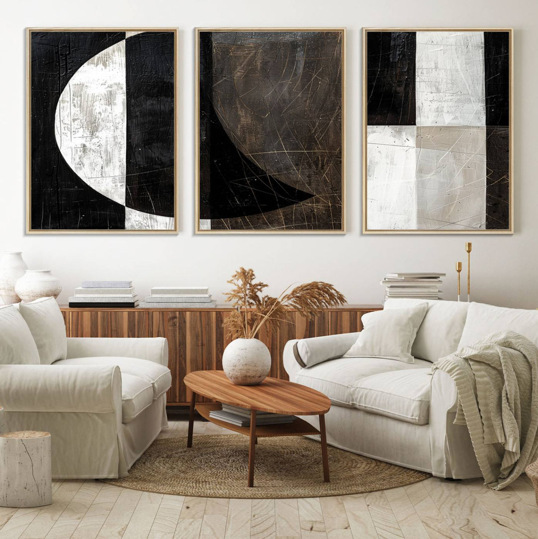 Wabi Sabi Wall Art Canvas Set features black, white, and brown geometric shapes.