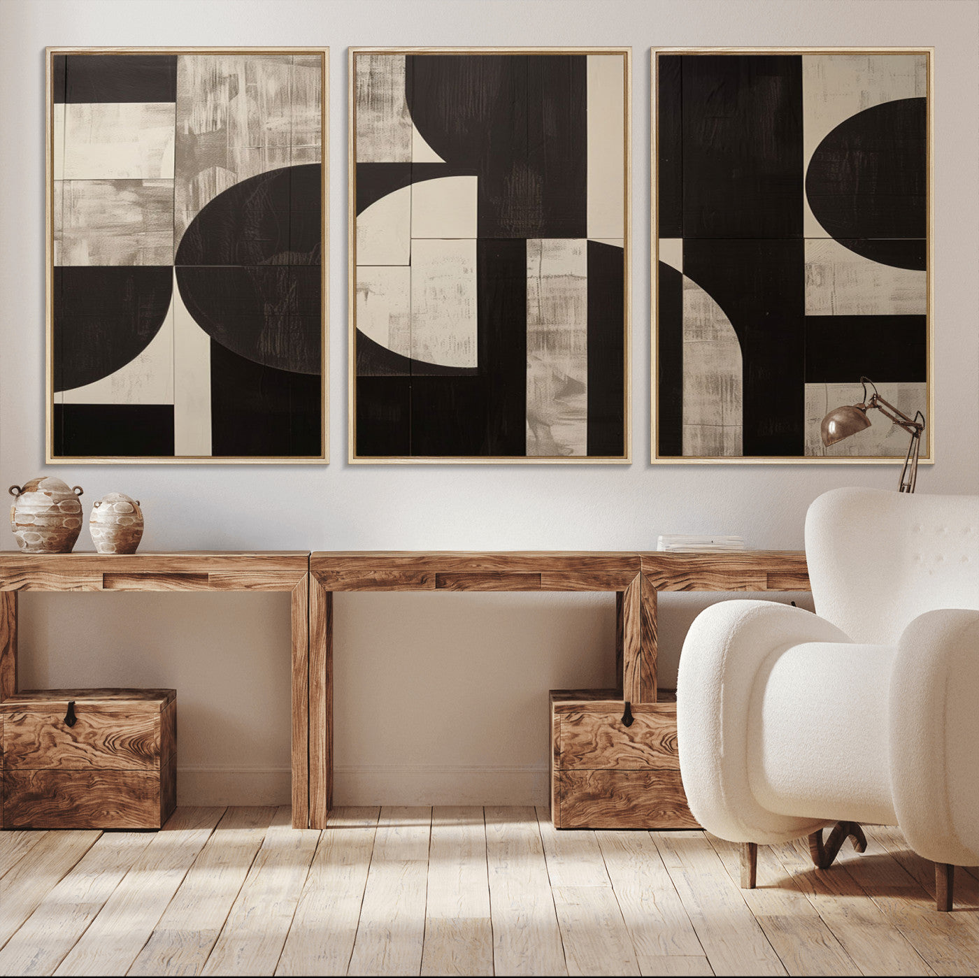 63644-MGV-FC-60X30-3P - Abstract Brown Wabi Sabi Canvas Print Set – Minimalist Mid-Century Wall Art Contemporary Artwork for Home, Office