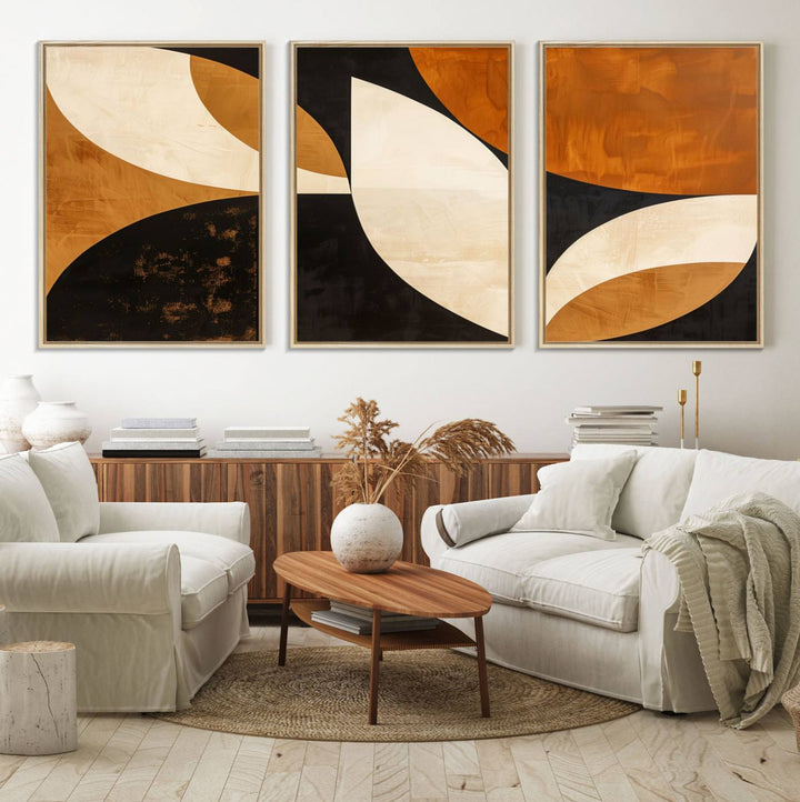 Geometric abstract wall art print featuring leaf shapes in brown, beige, and black.