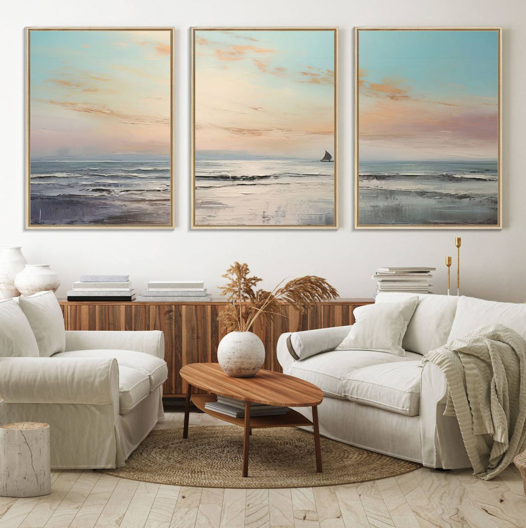 An Abstract Ocean Wall Art - Boat Canvas Print hangs prominently.