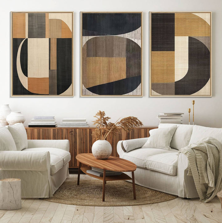 The Modern Brown Wabi Sabi Abstract Canvas Print Set hangs on the wall.