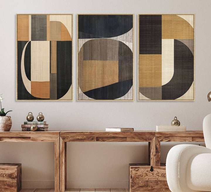 Framed Wabi Sabi Art Print: A modern minimalist geometric canvas featuring earthy tones and overlapping rounded shapes. Ready to hang.