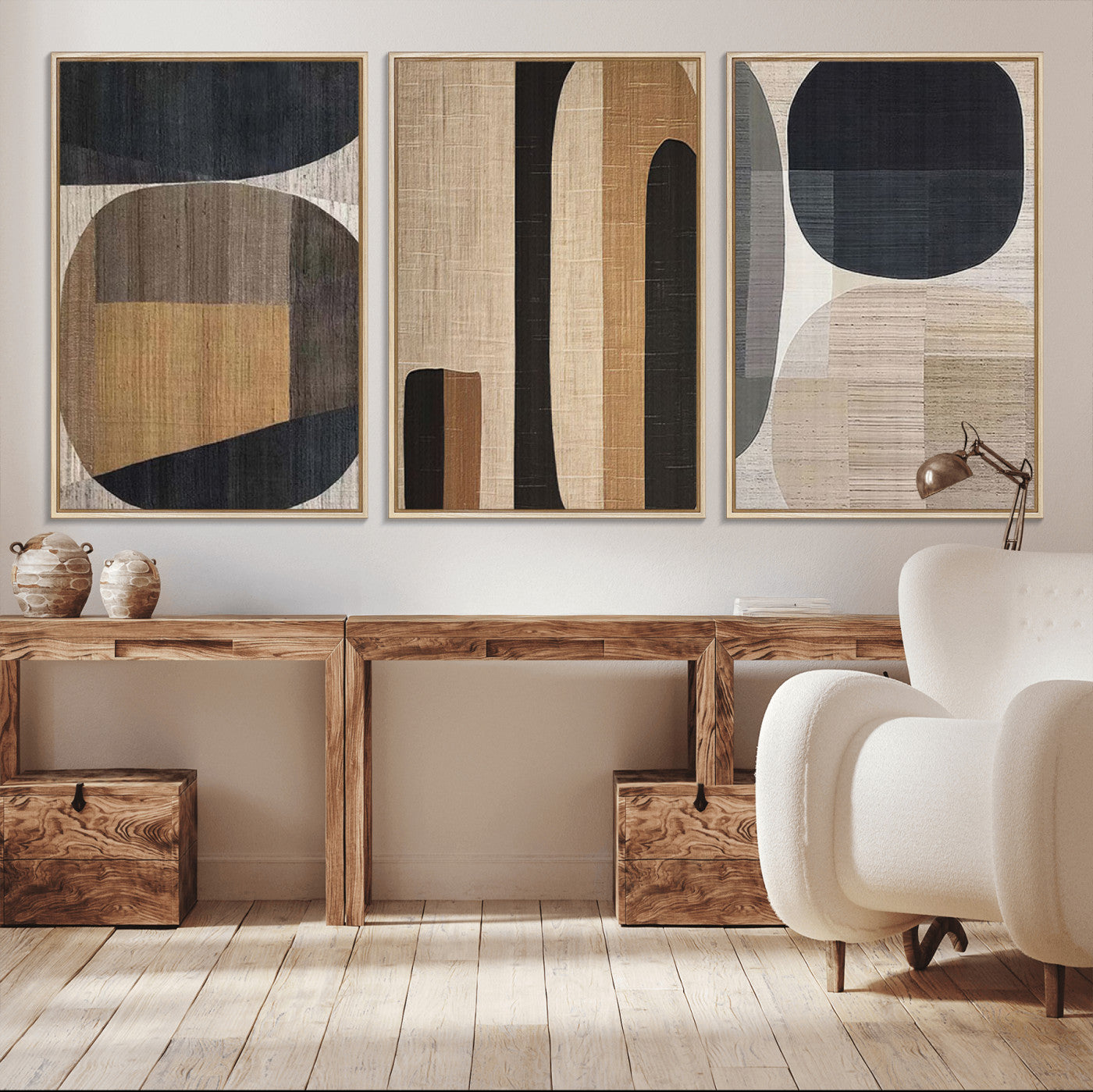 MGV-FC-60X30-3P - Abstract Minimalist Canvas Wall Art - Neutral Geometric Modern Boho Decor, Minimalist Brown Wabi