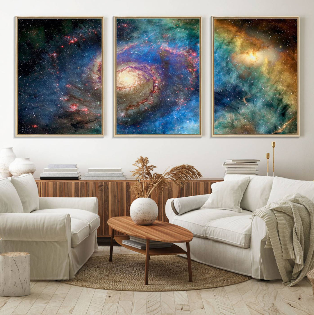 A Spiral Galaxy Wall Art Canvas Print hangs prominently.