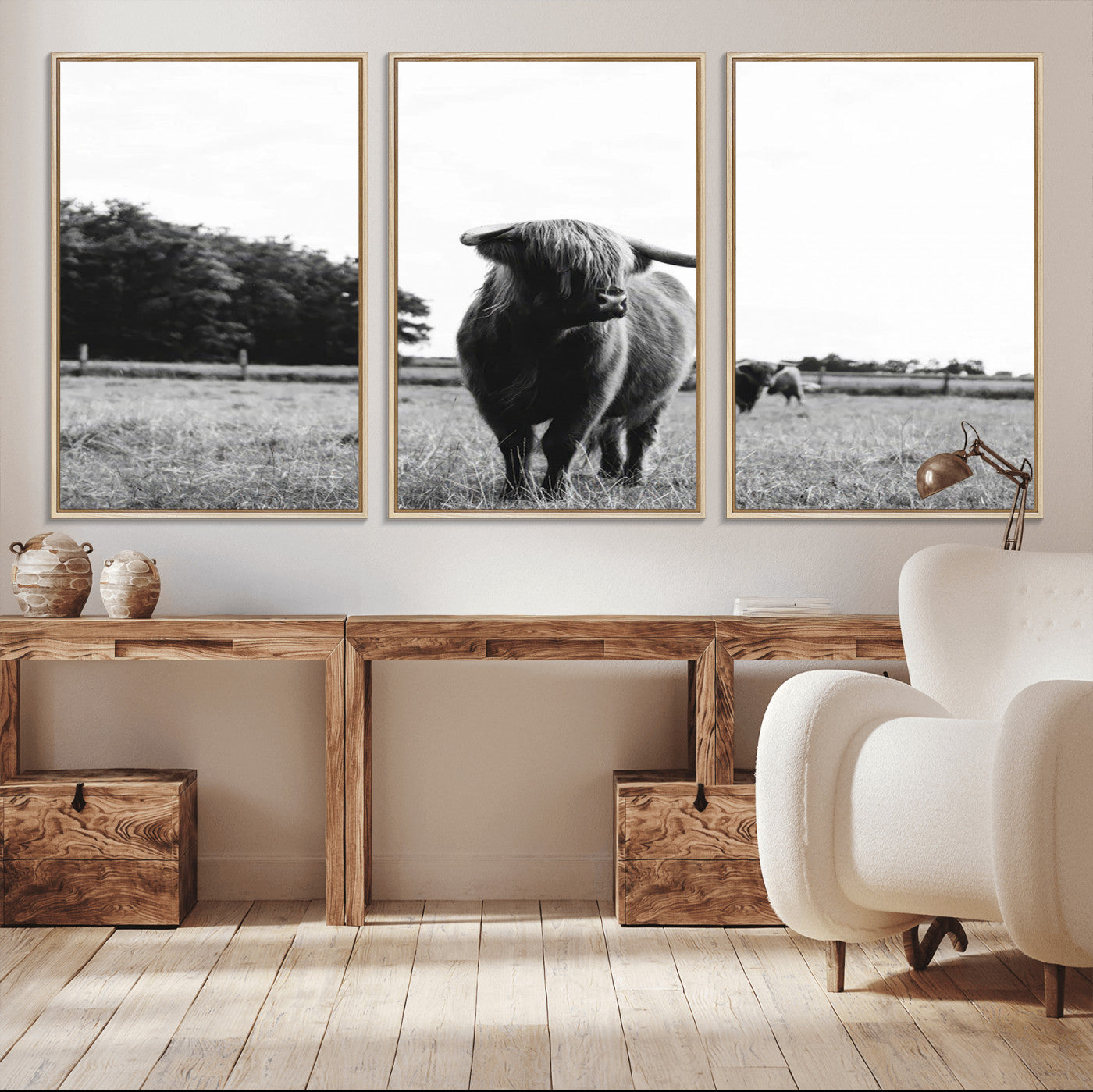 MGV-FC-60X30-3P - Black and White Highland Cow Wall Art Canvas Print | Rustic Western Decor for Living Room or Office,