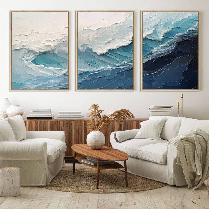 A Blue Abstract Wave Ocean Wall Art Canvas Print adorns the wall.